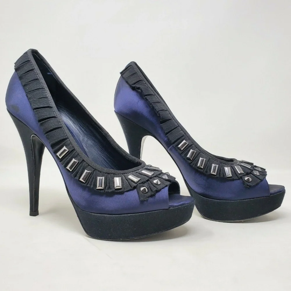 Tory Burch Peep Toe Heels Sz 8.5 M Ruffles Studs